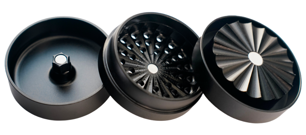 LiftyLeaf Flow 55 — 6063 aluminium spiral grind plate, top-down